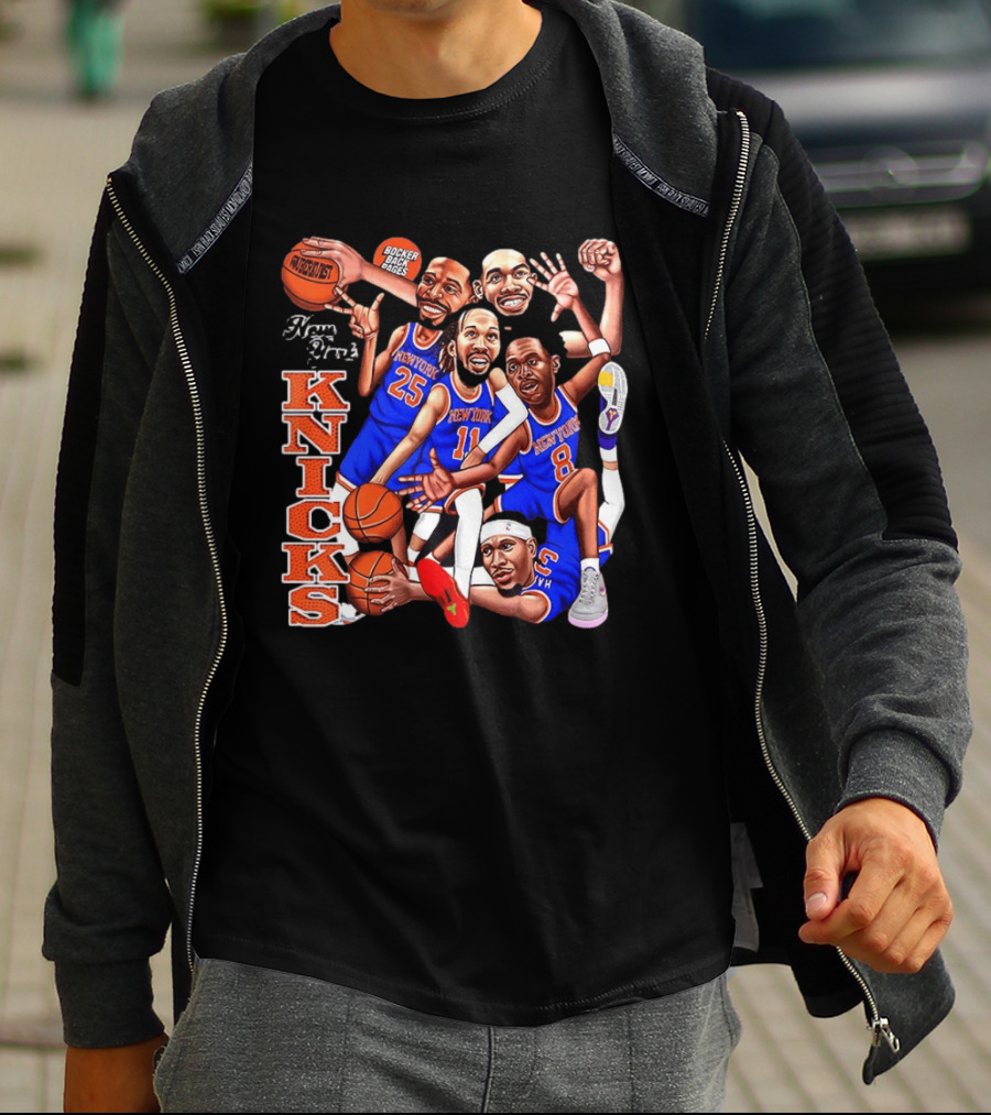 New York Knicks Starting Five 2026 Caricature Dunk Basketball Hoops T-Shirt