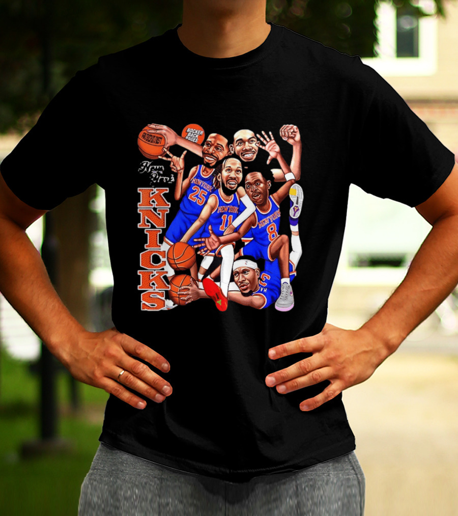 New York Knicks Starting Five 2026 Caricature Dunk Basketball Hoops T-Shirt
