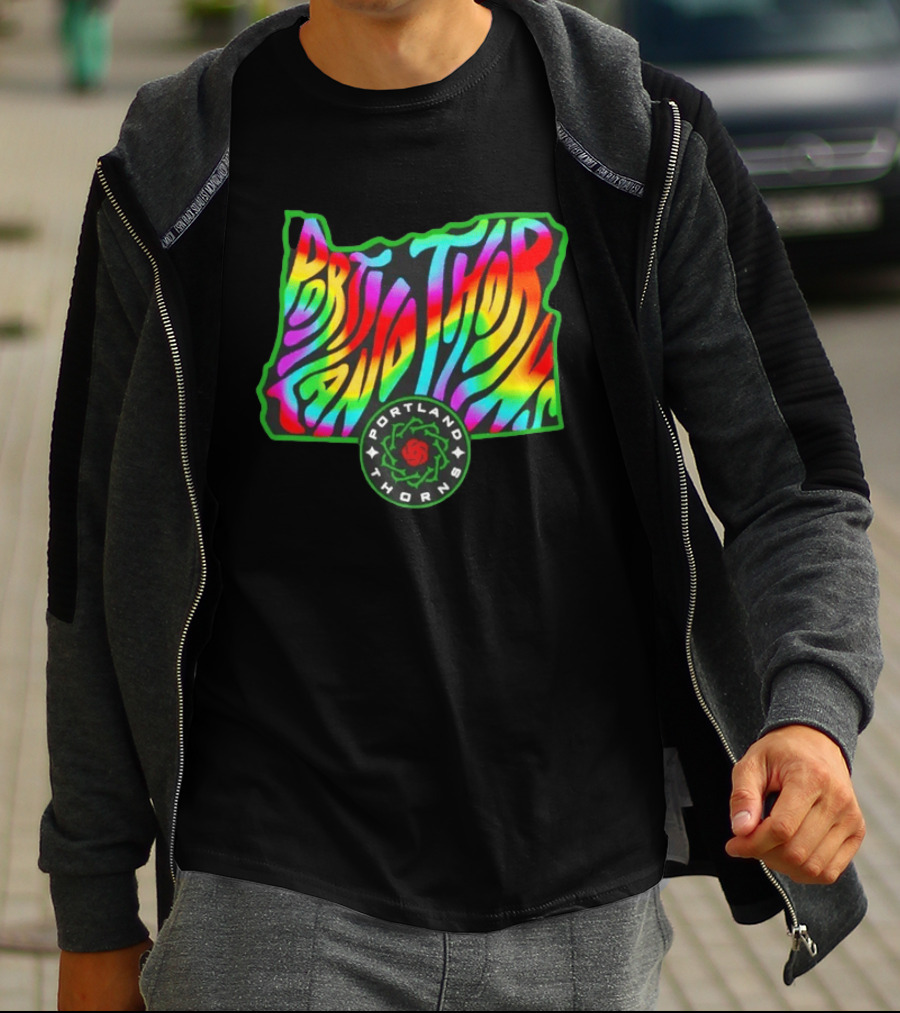 Portland Thorns Groovy Pride State Oregon Map Rainbow T-Shirt