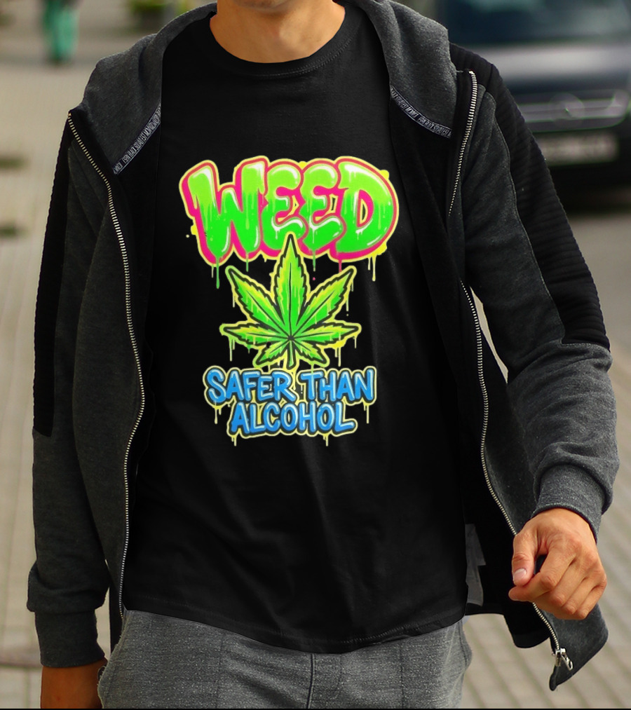 Weed Safer Than Alcohol Leaf Bright Graffiti T-Shirt