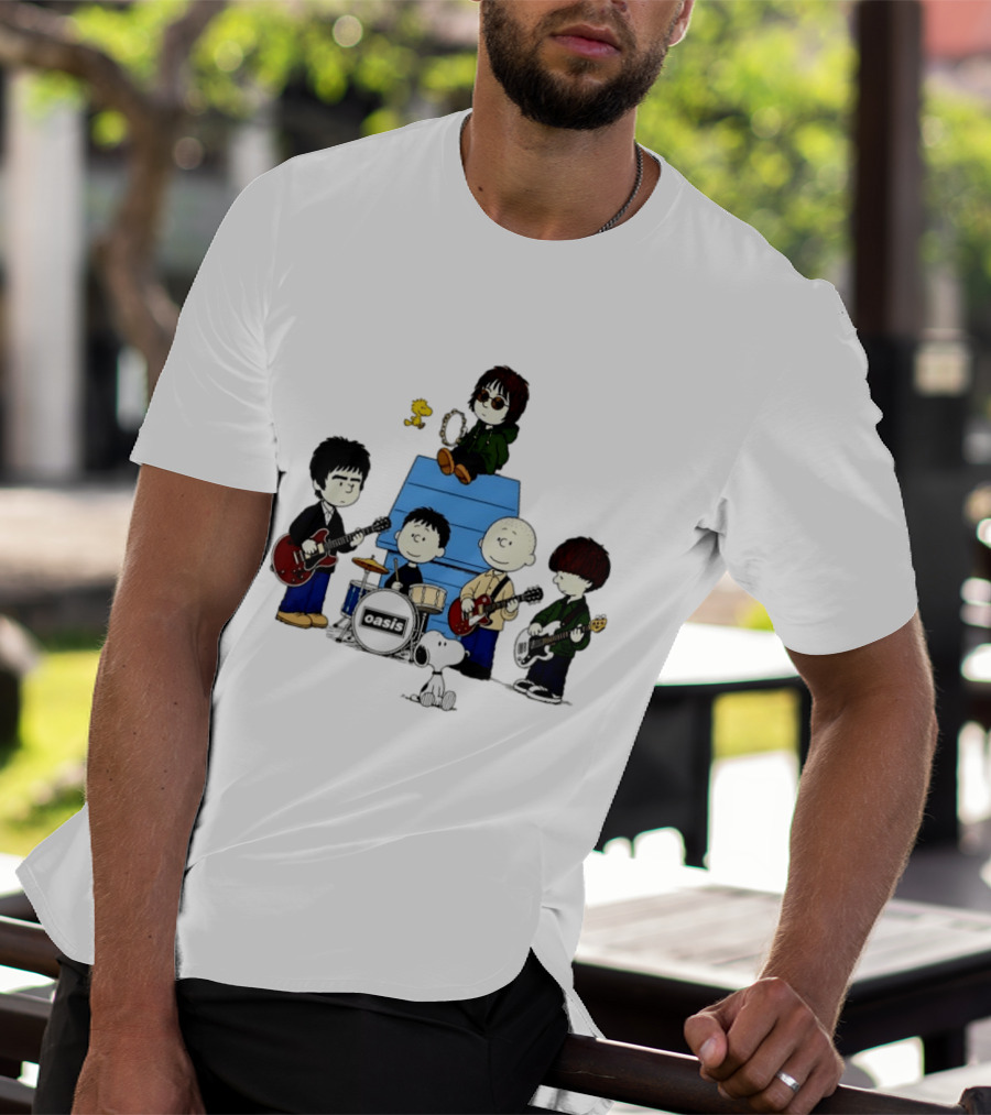 Snoopy Peanuts Oasis Band Cartoon Woodstock Drums Guitars T-Shirt