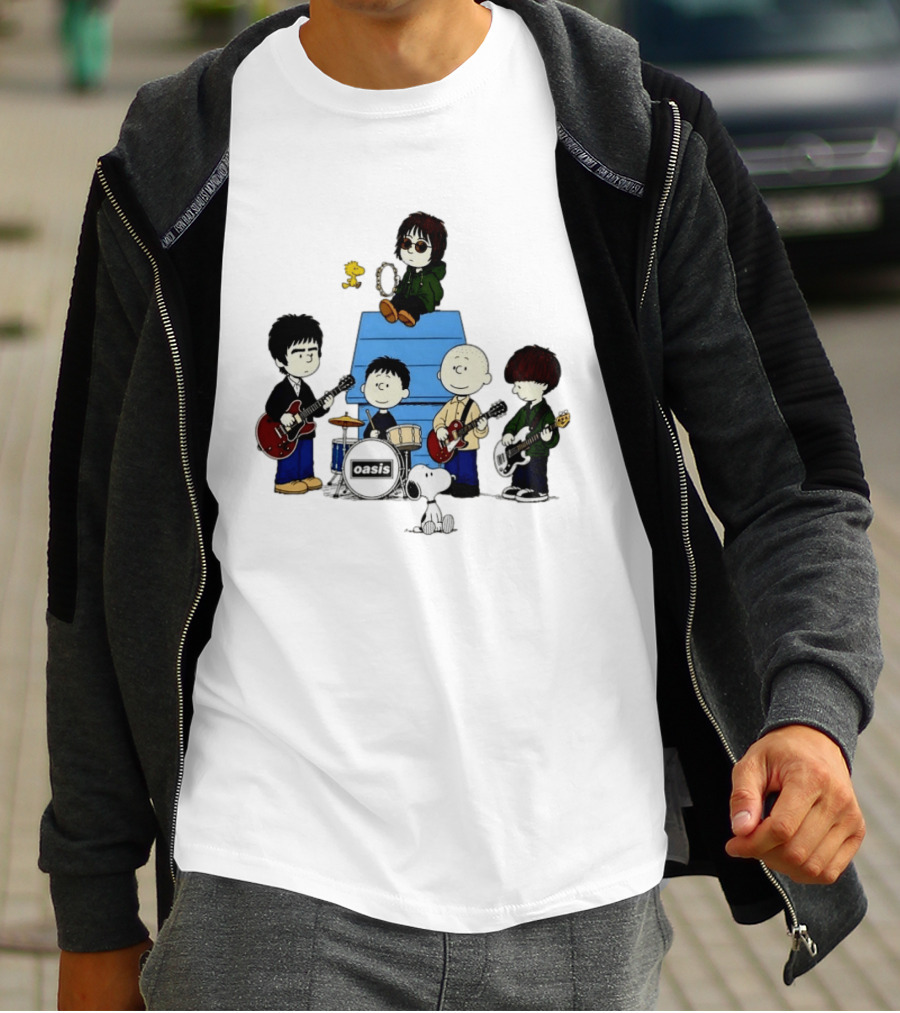 Snoopy Peanuts Oasis Band Cartoon Woodstock Drums Guitars T-Shirt