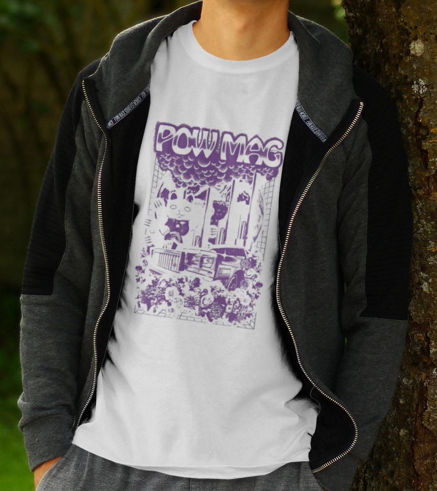 Powell Mag Cat Skateboarding Graphic With Floral Accents T-Shirt