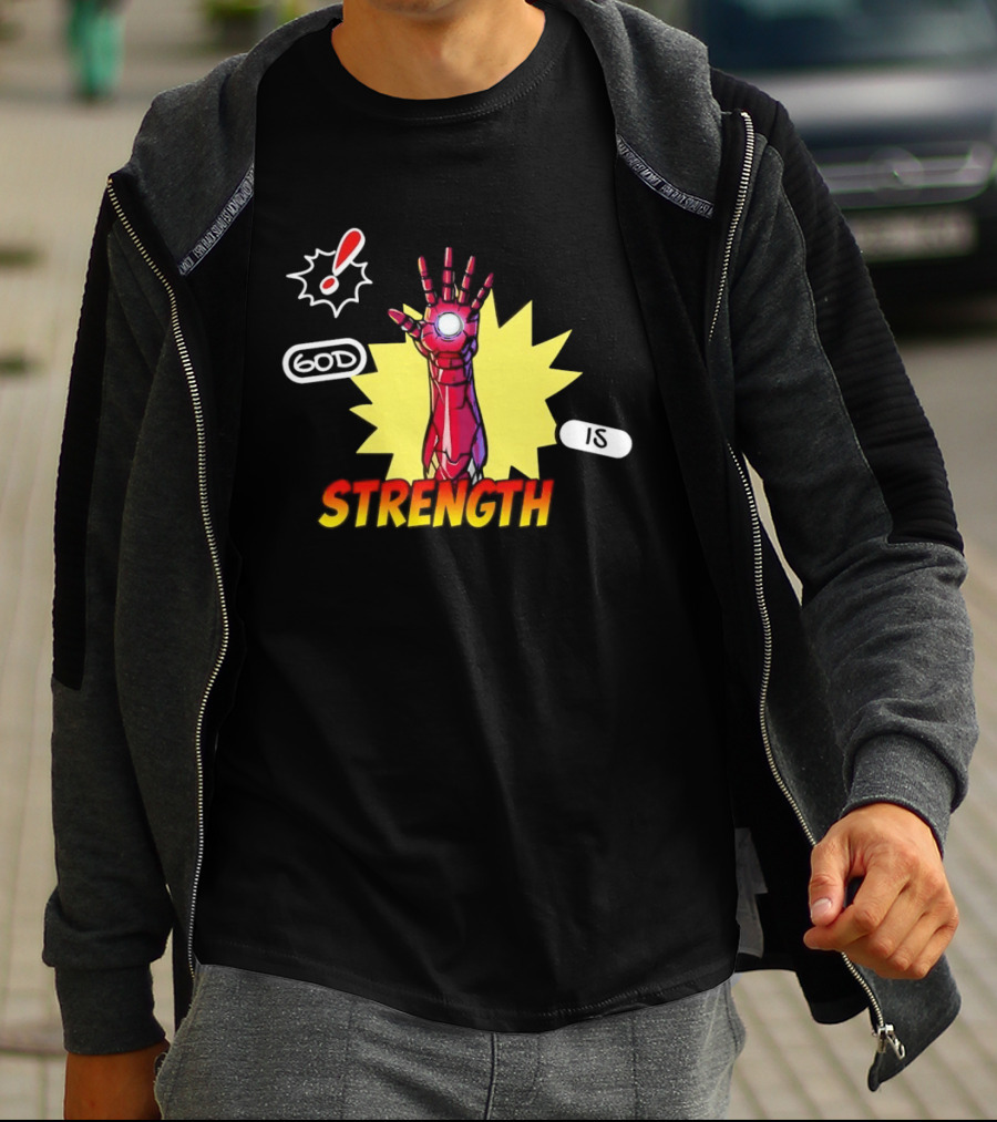 Iron Man God Is Strength Exclamation Comic Style Burst T-Shirt