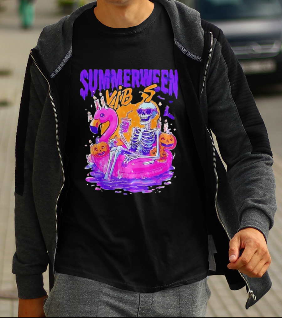 Summerween Vibes Skeleton On Flamingo With Pumpkins T-Shirt