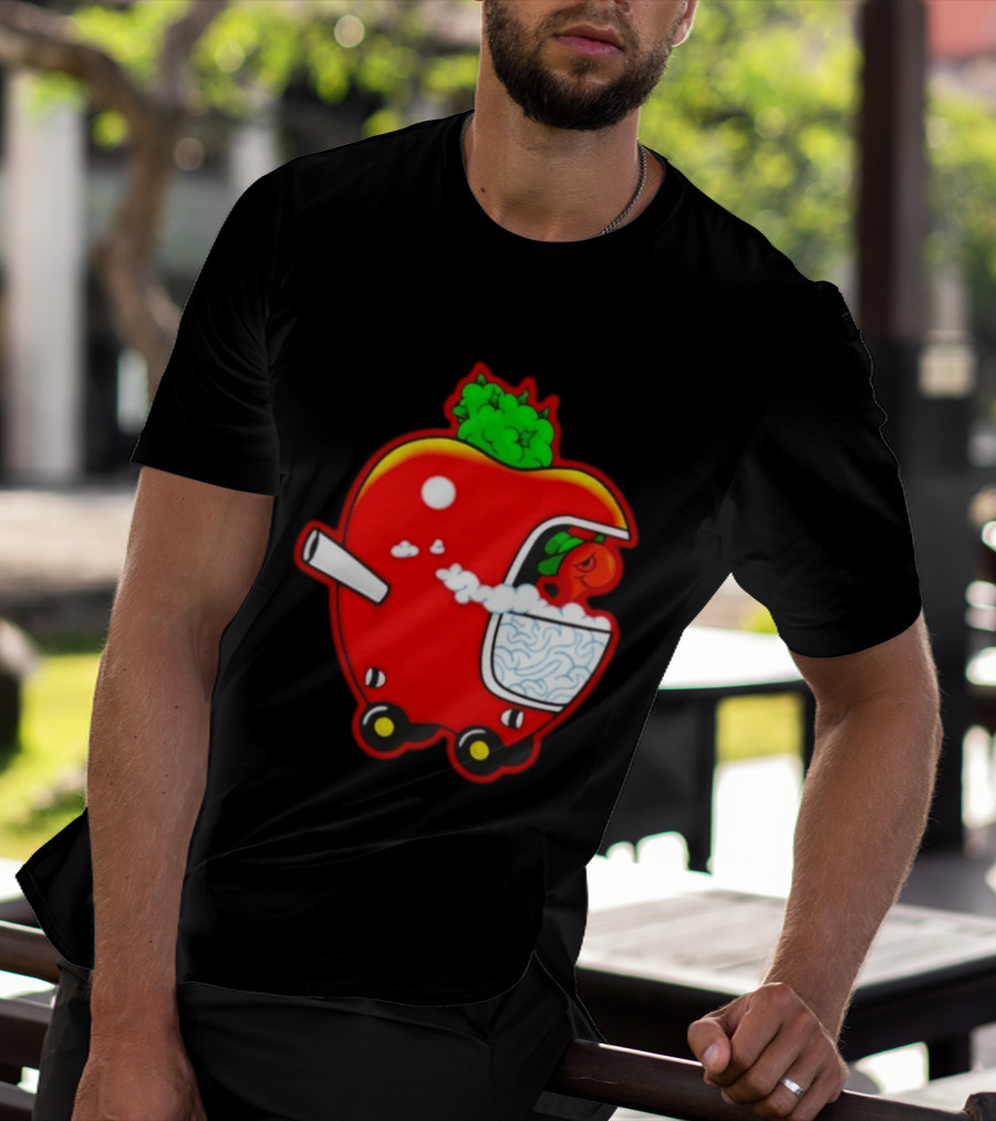 Smokey Worm Apple Cartoon Red Apple With Smoke And Wheels T-Shirt