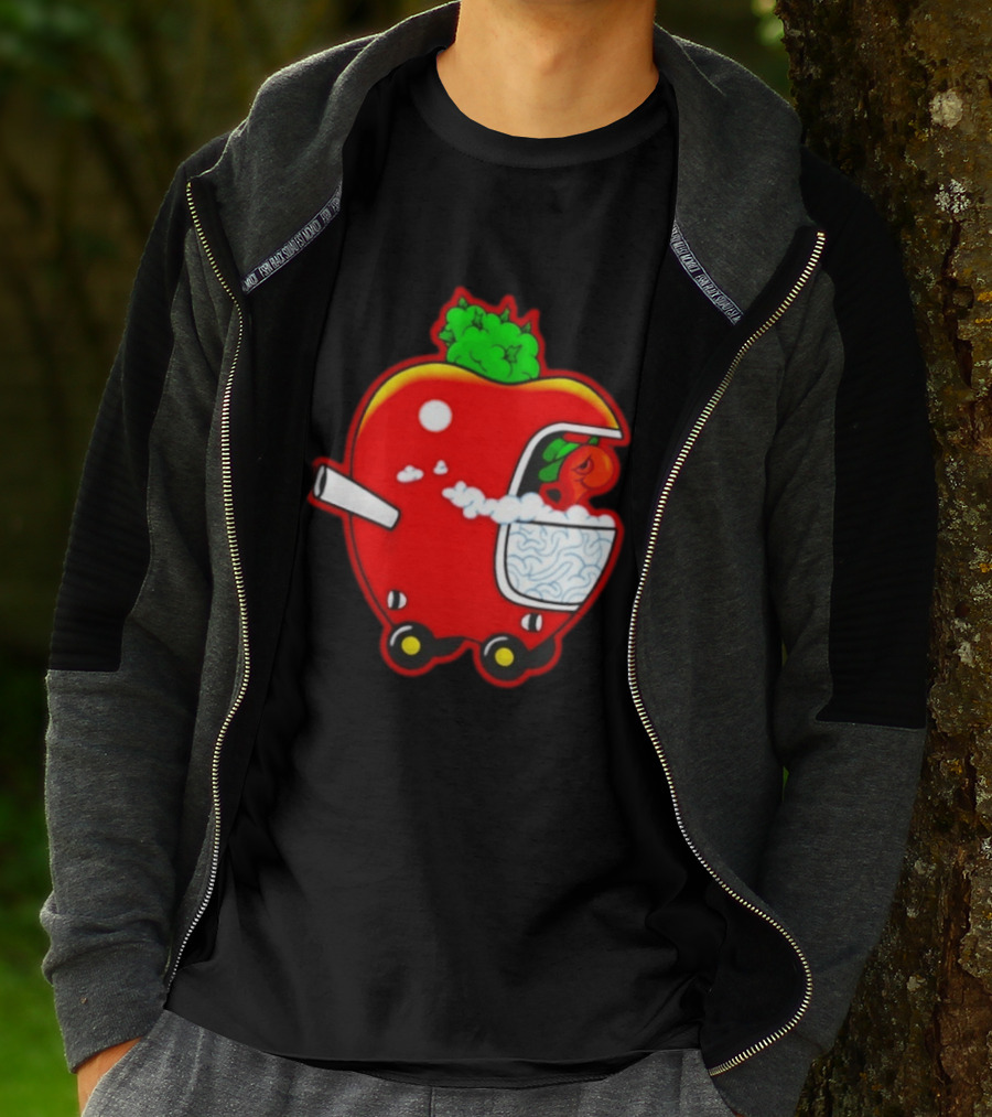 Smokey Worm Apple Cartoon Red Apple With Smoke And Wheels T-Shirt