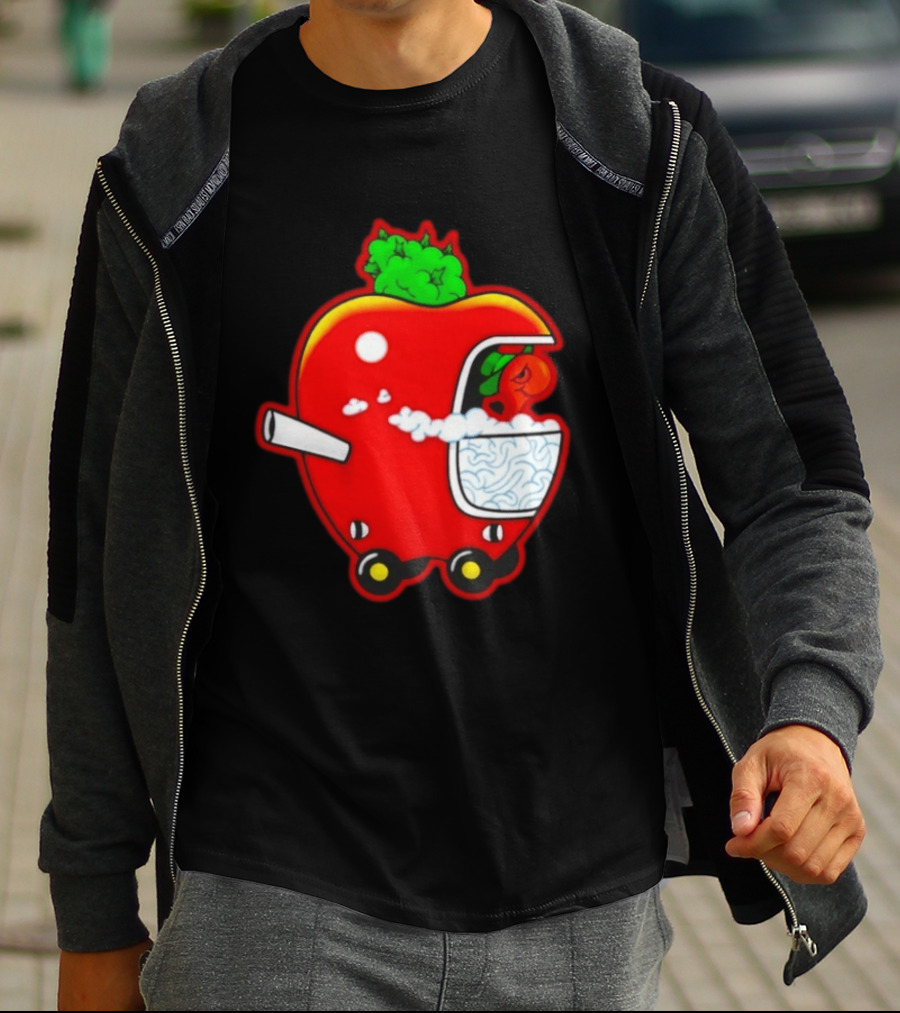 Smokey Worm Apple Cartoon Red Apple With Smoke And Wheels T-Shirt
