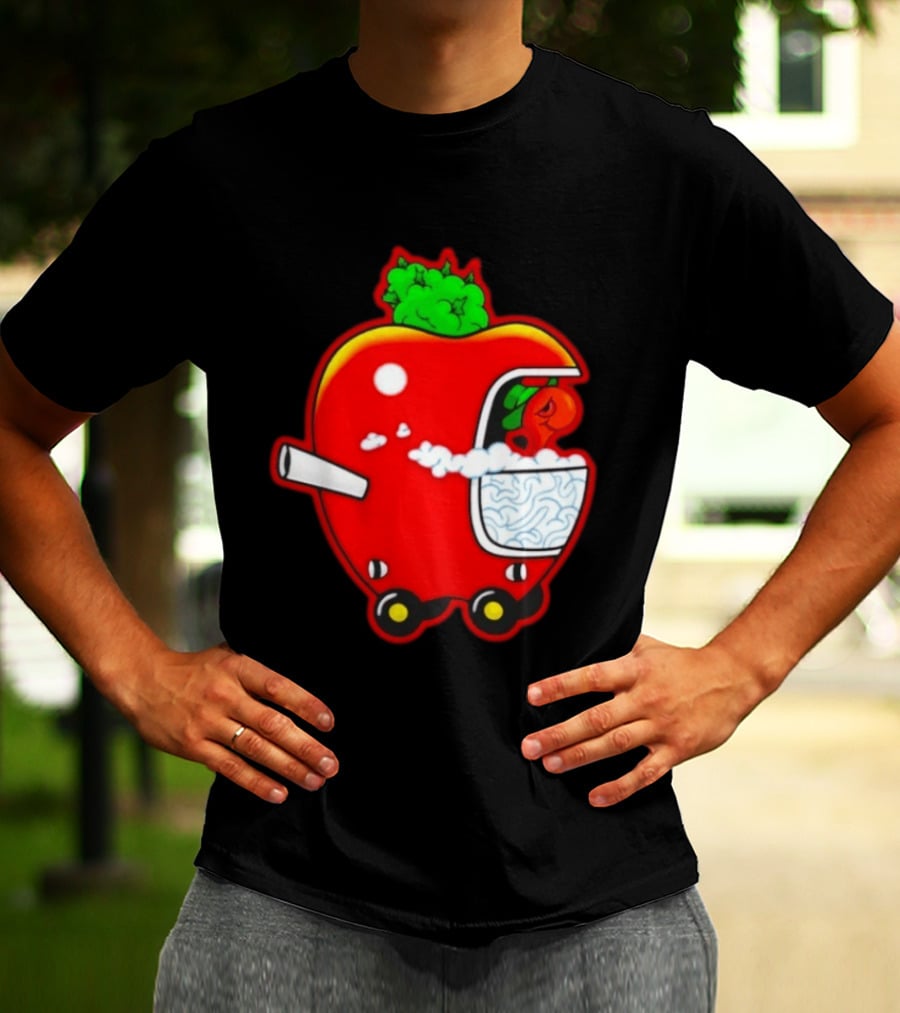 Smokey Worm Apple Cartoon Red Apple With Smoke And Wheels T-Shirt