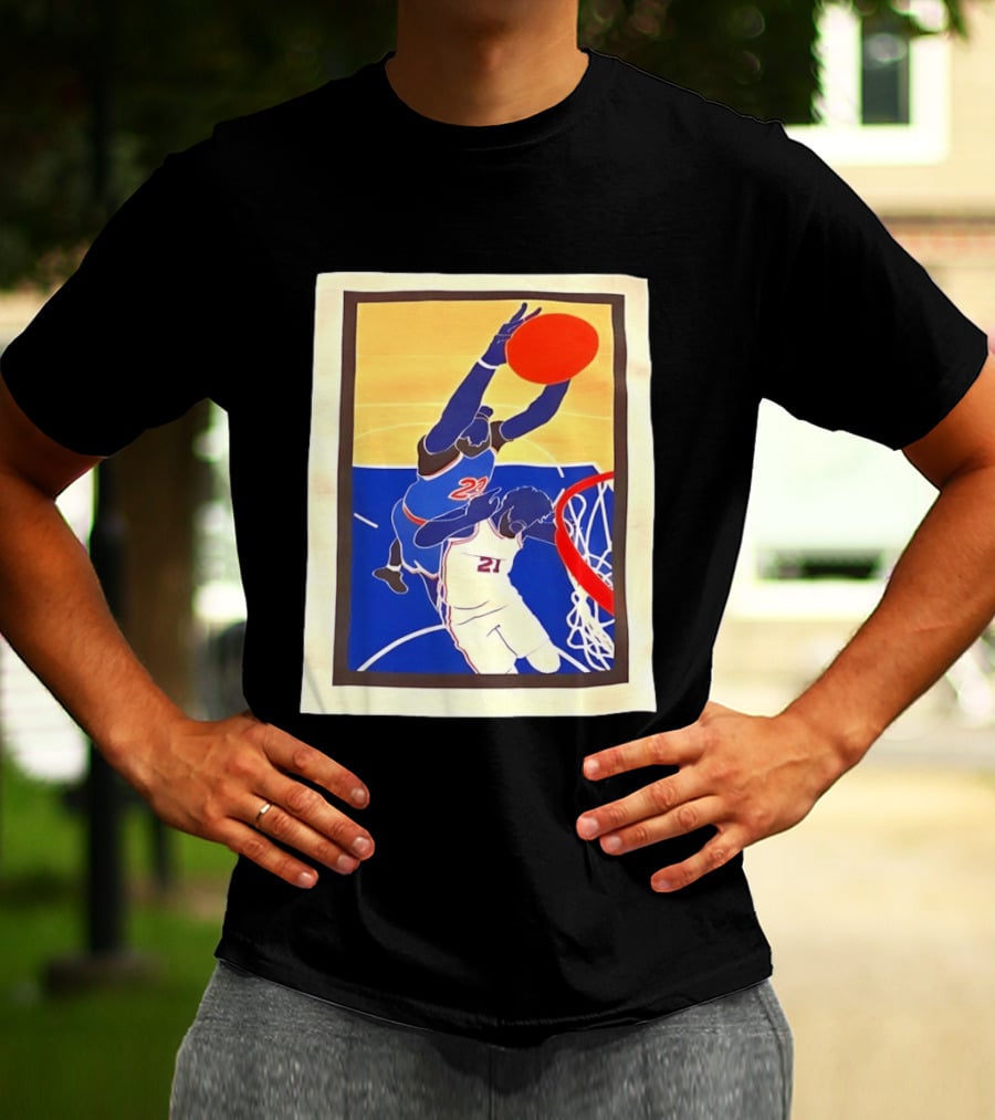 Mitchell Robinson 23 Dunking Joel Embiid 21 New York Knicks Basketball NBA 2026 T-Shirt