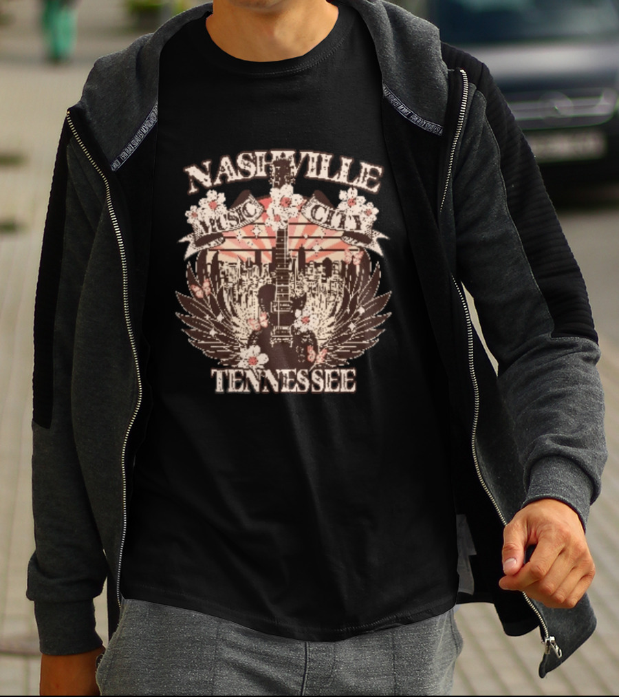 Nashville Music City Tennessee Vintage Guitar Flowers Skyline T-Shirt