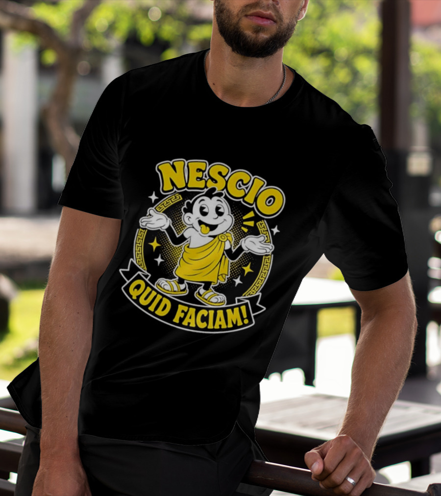 Nescio Quid Faciam Cartoon Ancient Roman Character Greek Key Border T-Shirt