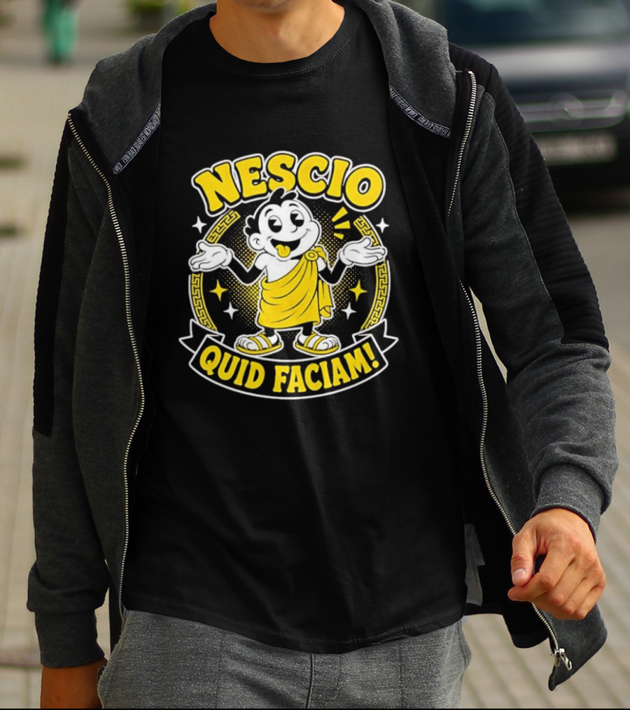 Nescio Quid Faciam Cartoon Ancient Roman Character Greek Key Border T-Shirt