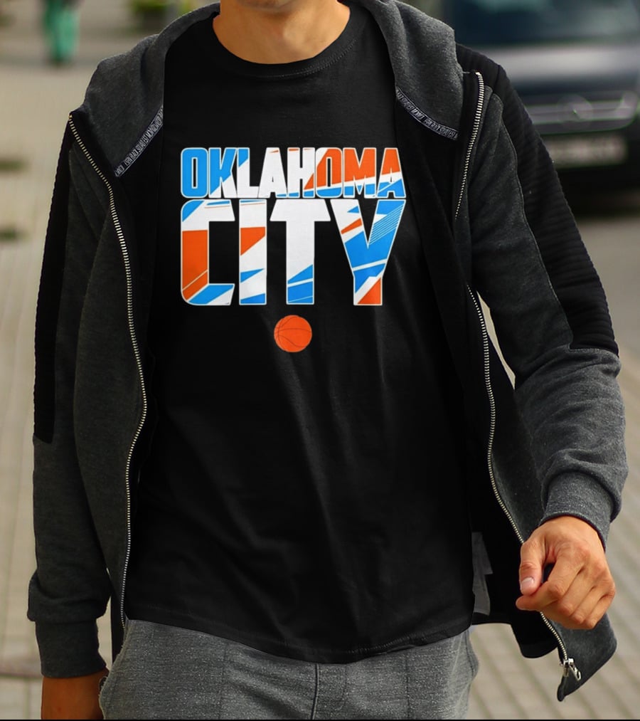 Oklahoma City Basketball Pride Colorful Lettering With Orange Basketball T-Shirt