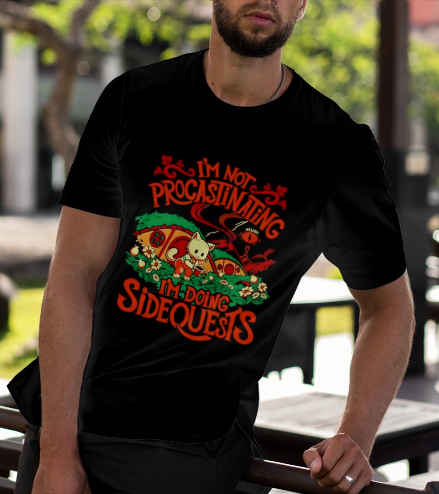 I'm Not Procrastinating I'm Doing Side Quests Cute Cat Adventure Scene T-Shirt