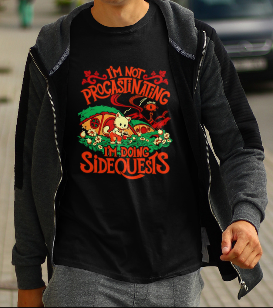 I'm Not Procrastinating I'm Doing Side Quests Cute Cat Adventure Scene T-Shirt
