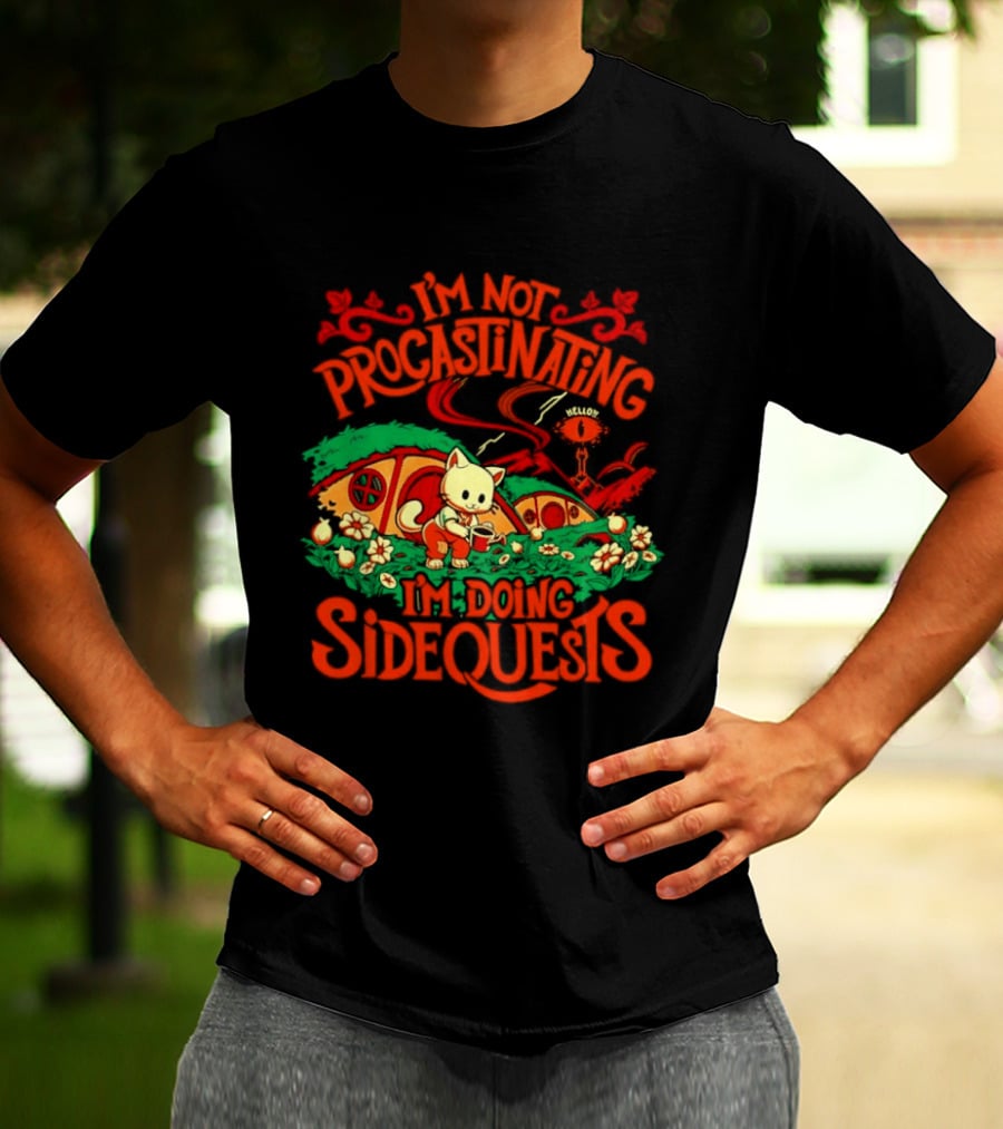 I'm Not Procrastinating I'm Doing Side Quests Cute Cat Adventure Scene T-Shirt