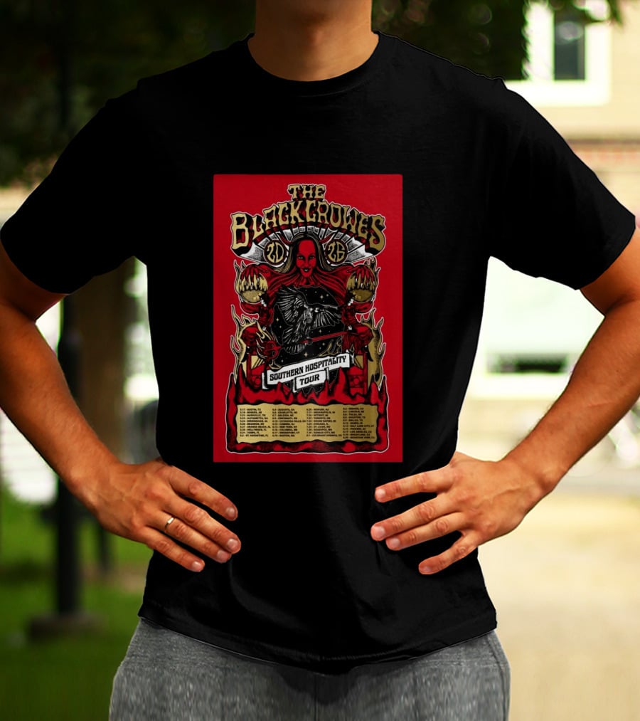 The Black Crowes Southern Hospitality Tour 2026 Red Background Gothic Crow Imagery Vintage Band Tour Dates T-Shirt