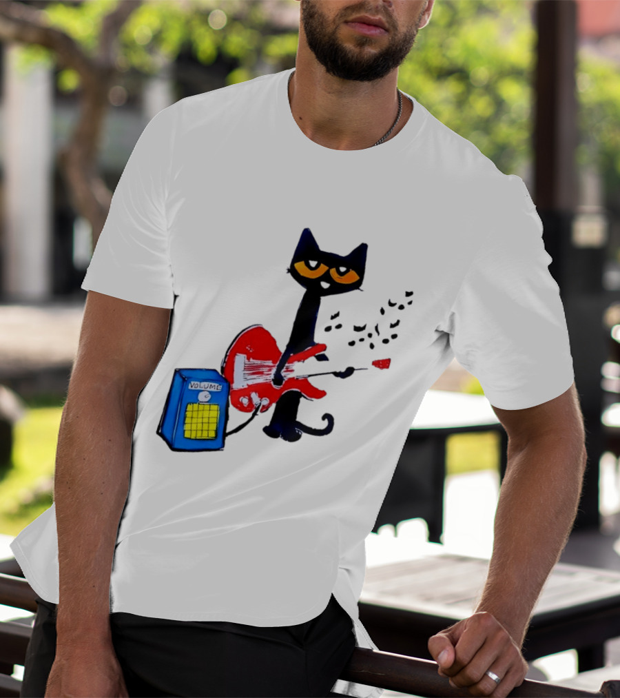 Pete The Cat Playing Red Guitar With Volume Amplifier Music Notes T-Shirt