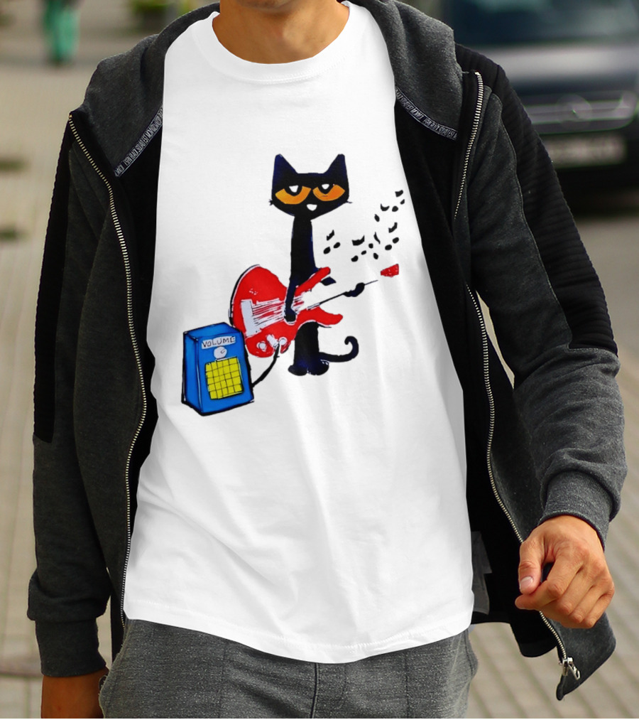 Pete The Cat Playing Red Guitar With Volume Amplifier Music Notes T-Shirt