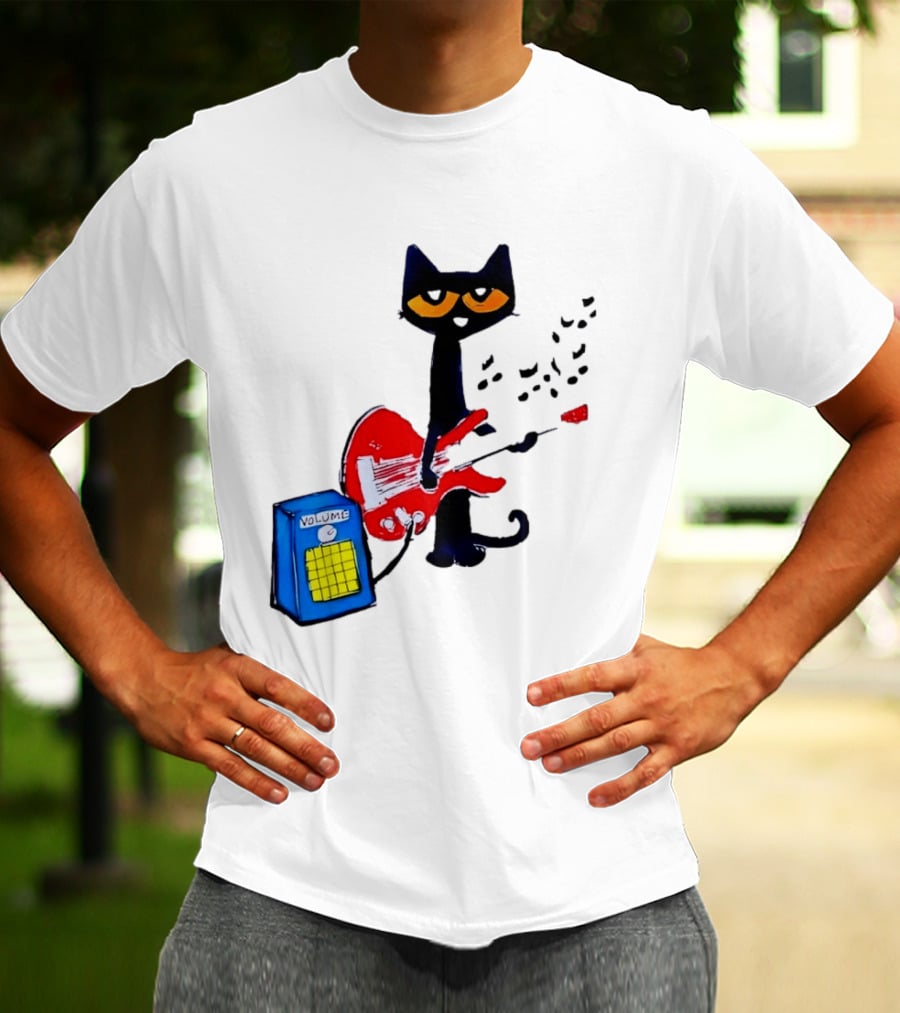 Pete The Cat Playing Red Guitar With Volume Amplifier Music Notes T-Shirt