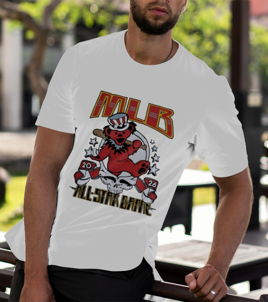 MLB 2026 All Star Game Grateful Dead Bear With Bat Patriotic Hat T-Shirt