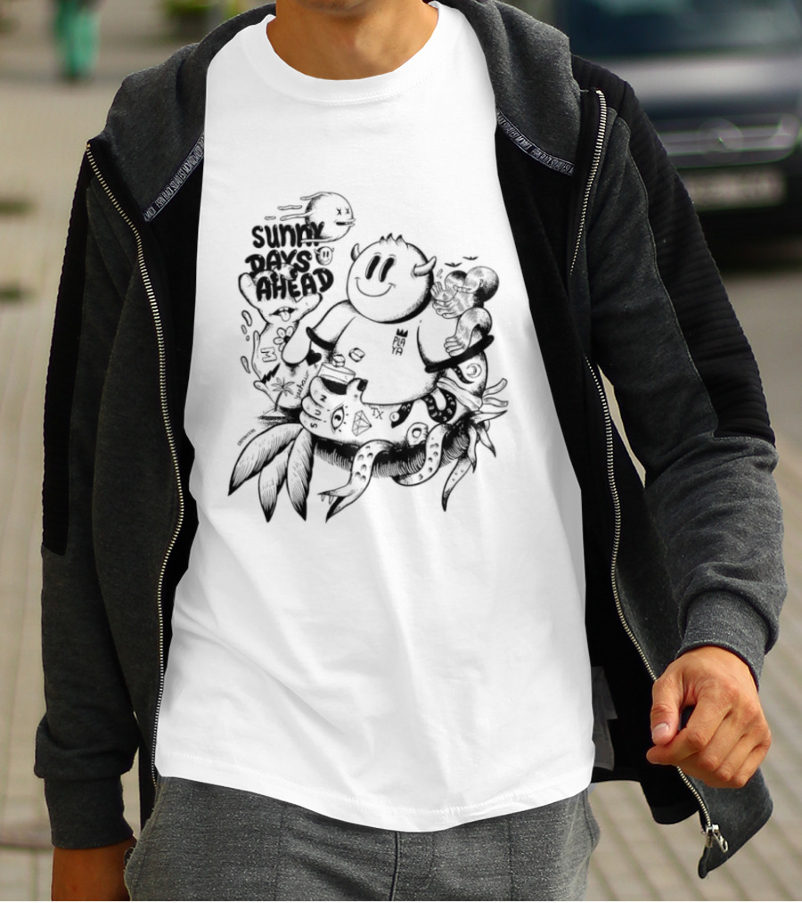 Sunny Days Ahead Monster Doodle Happy Cartoon Character With Flowers T-Shirt