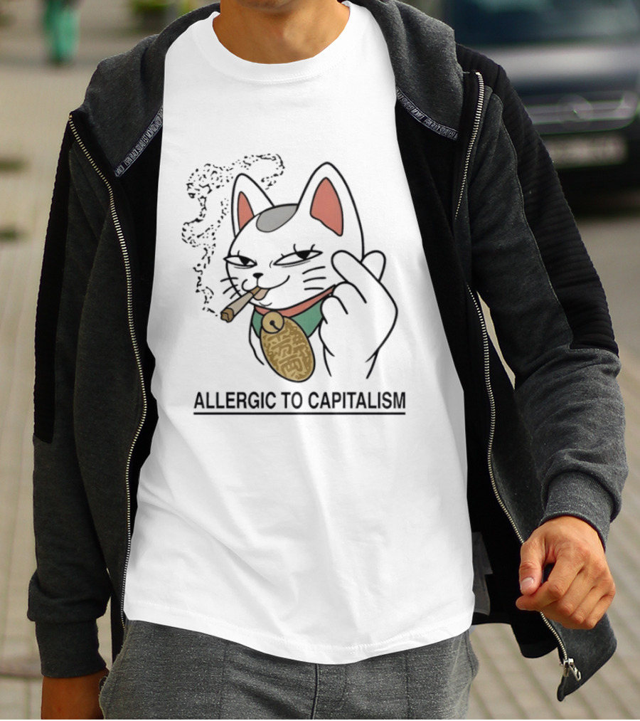 Lucky Cat Smoking Allergic To Capitalism T-Shirt
