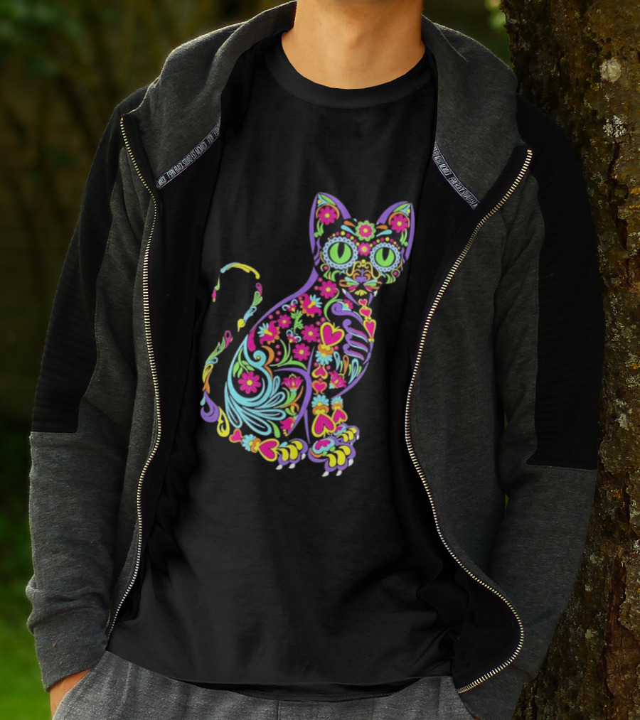 Sugar Skull Cat With Vibrant Floral T-Shirt