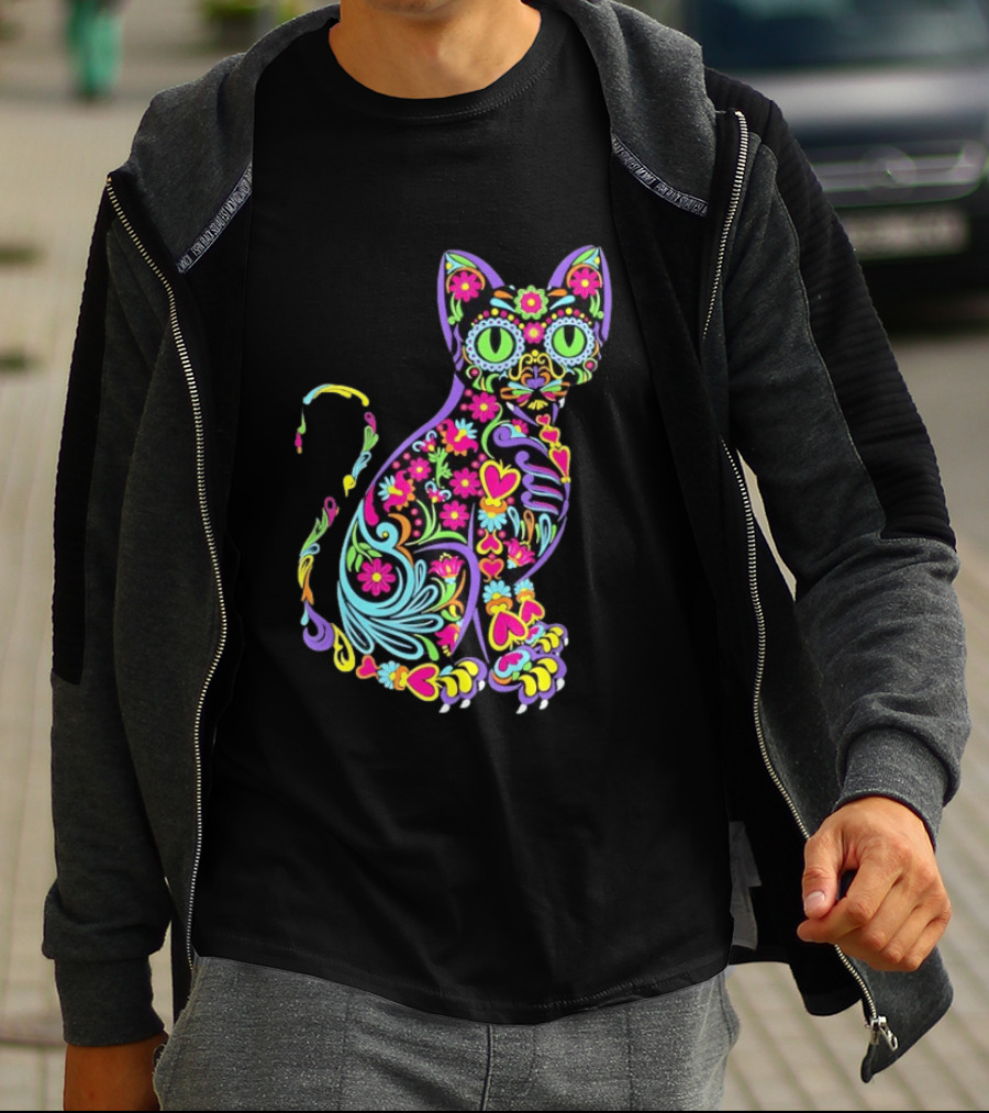 Sugar Skull Cat With Vibrant Floral T-Shirt