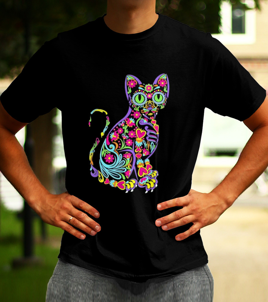 Sugar Skull Cat With Vibrant Floral T-Shirt