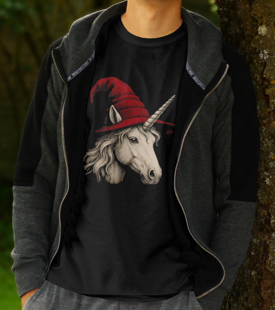 Unicorn With Red Wizard Witch Hat Beanie T-Shirt