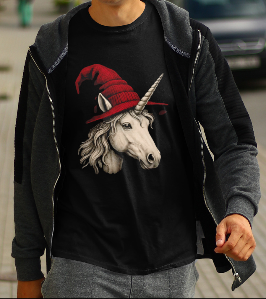 Unicorn With Red Wizard Witch Hat Beanie T-Shirt