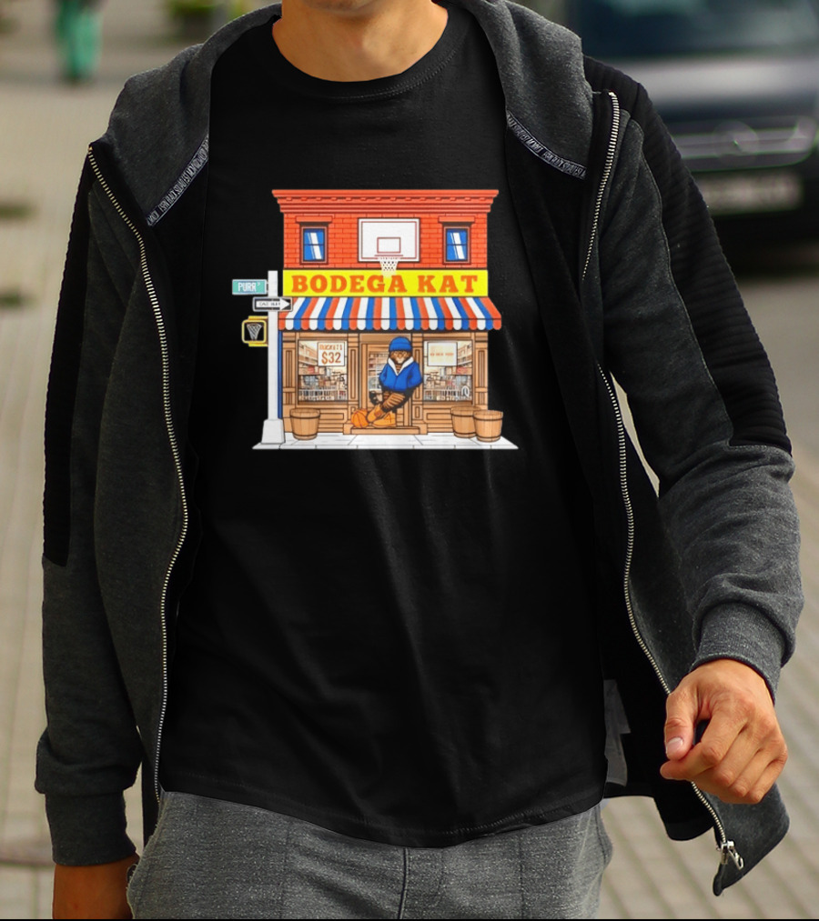 Bodega KAT New York Knicks Basketball Street Scene Purr Street Sign T-Shirt