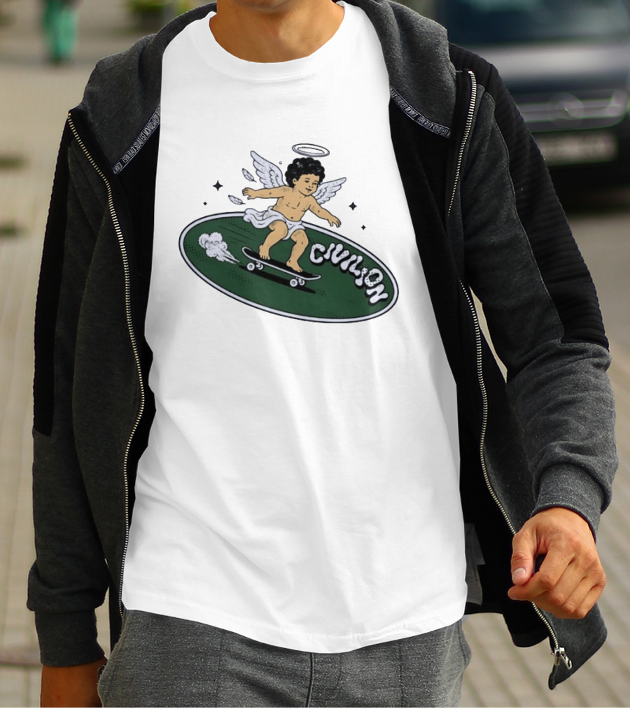 Skateboarding Angel Civilian Halo Wings T-Shirt