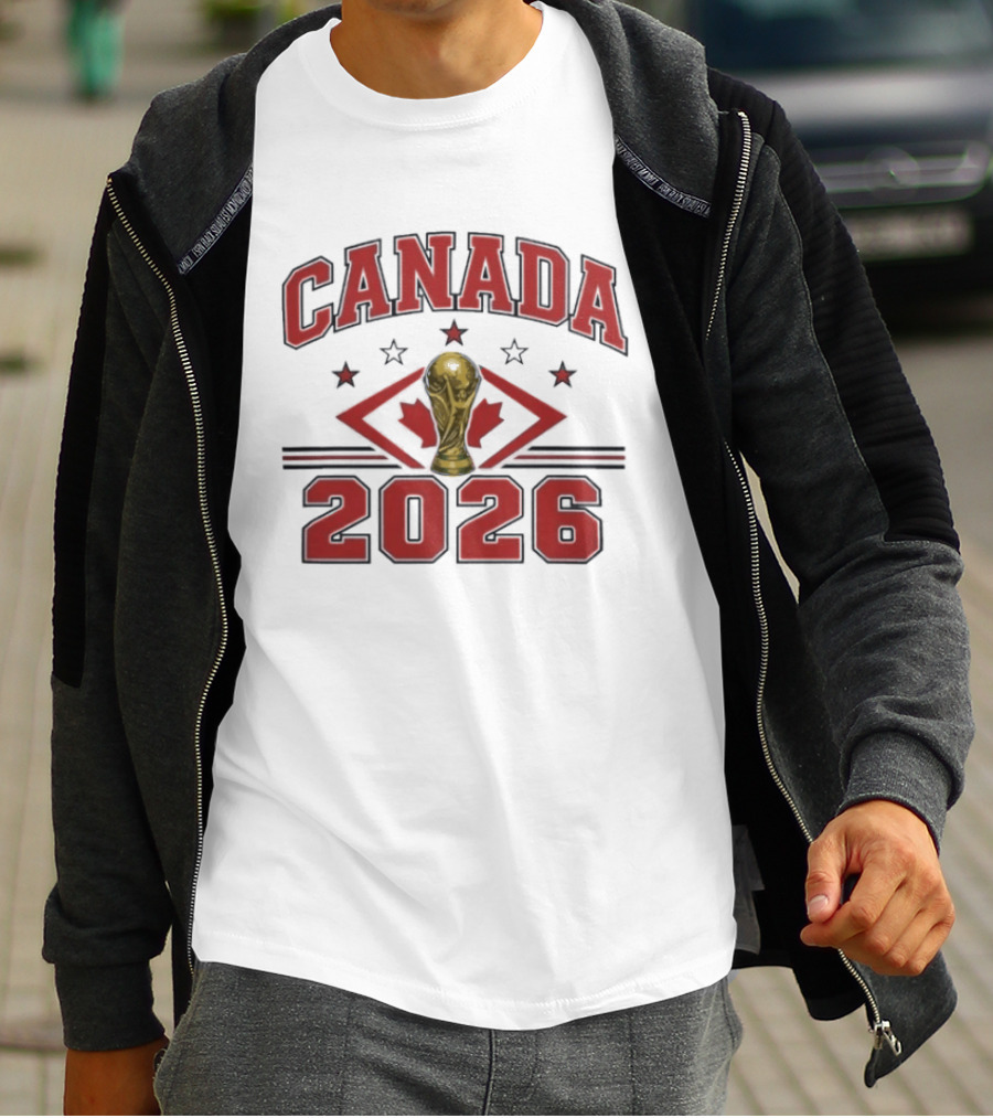 Canada 2026 Football World Cup Trophy And Maple Leaf T-Shirt