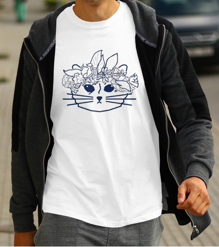 Floral Crown Cat Lover Line Art Whiskers Flowers Leaves T-Shirt