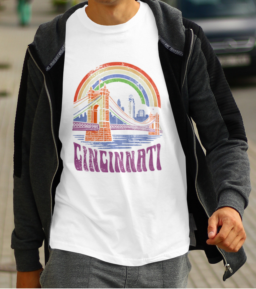 Cincinnati Roebling Bridge Rainbow Skyline Proud Of Our City T-Shirt