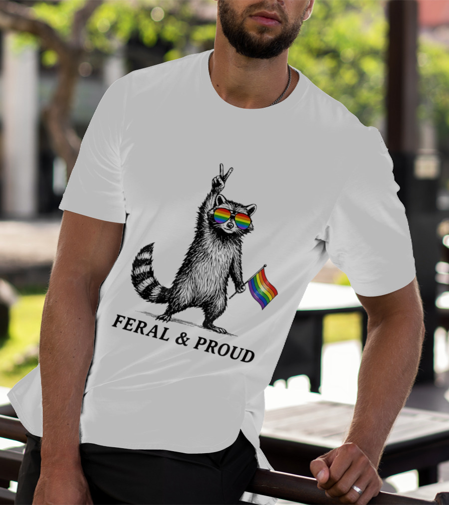 Feral And Proud Raccoon Peace Sign Rainbow Sunglasses Flag T-Shirt