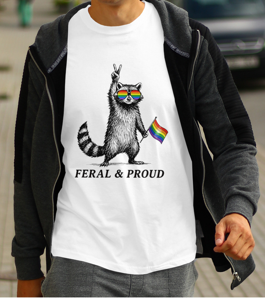 Feral And Proud Raccoon Peace Sign Rainbow Sunglasses Flag T-Shirt