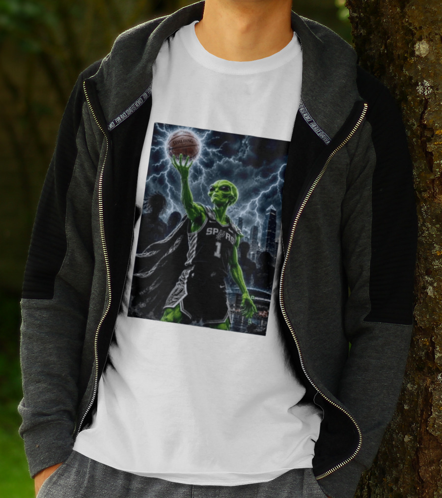 NBA Spurs Alien Spalding Basketball Hovering In Stormy City Skyline T-Shirt