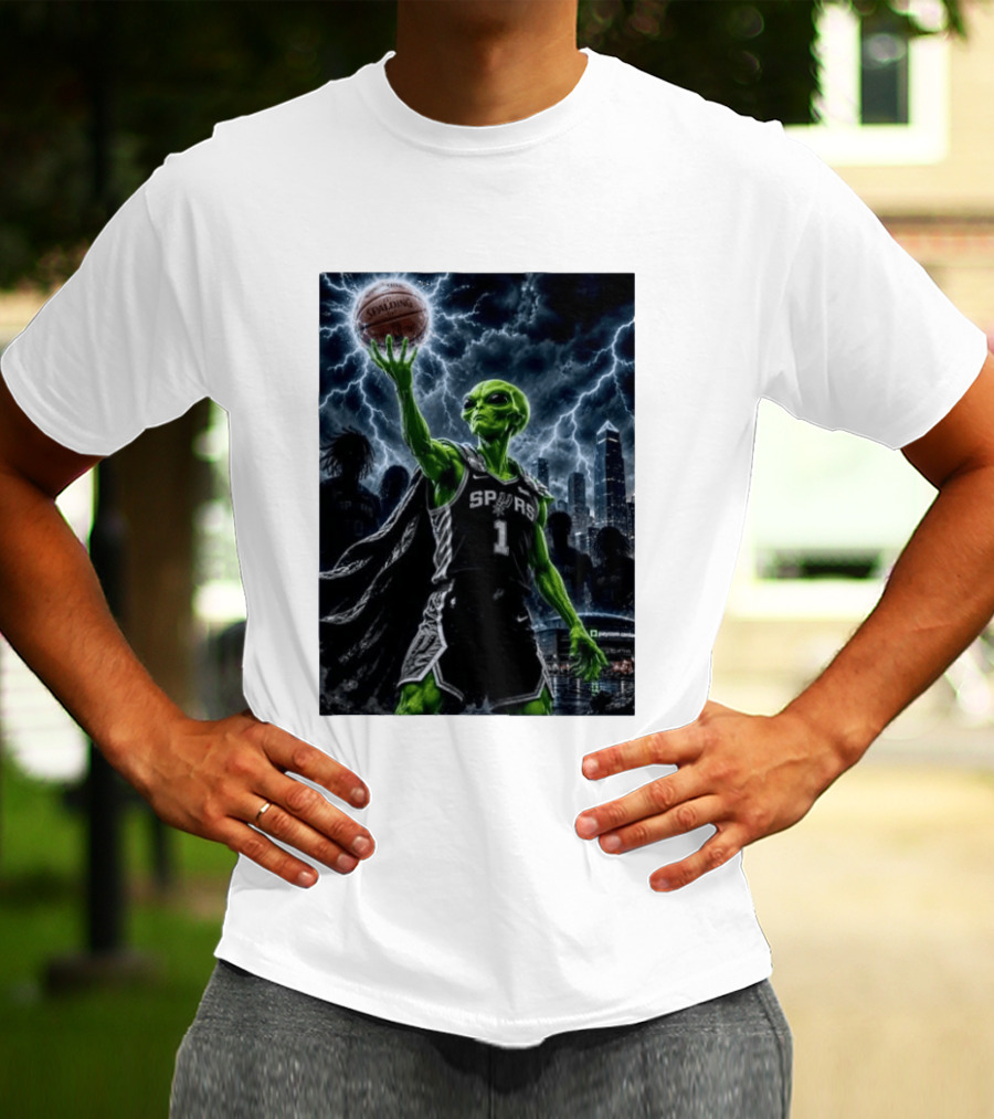 NBA Spurs Alien Spalding Basketball Hovering In Stormy City Skyline T-Shirt
