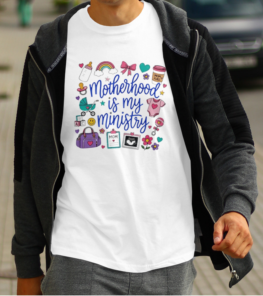 Motherhood Is My Ministry Rainbow Baby Shower Mom Fuel Icons And Baby Essentials T-Shirt