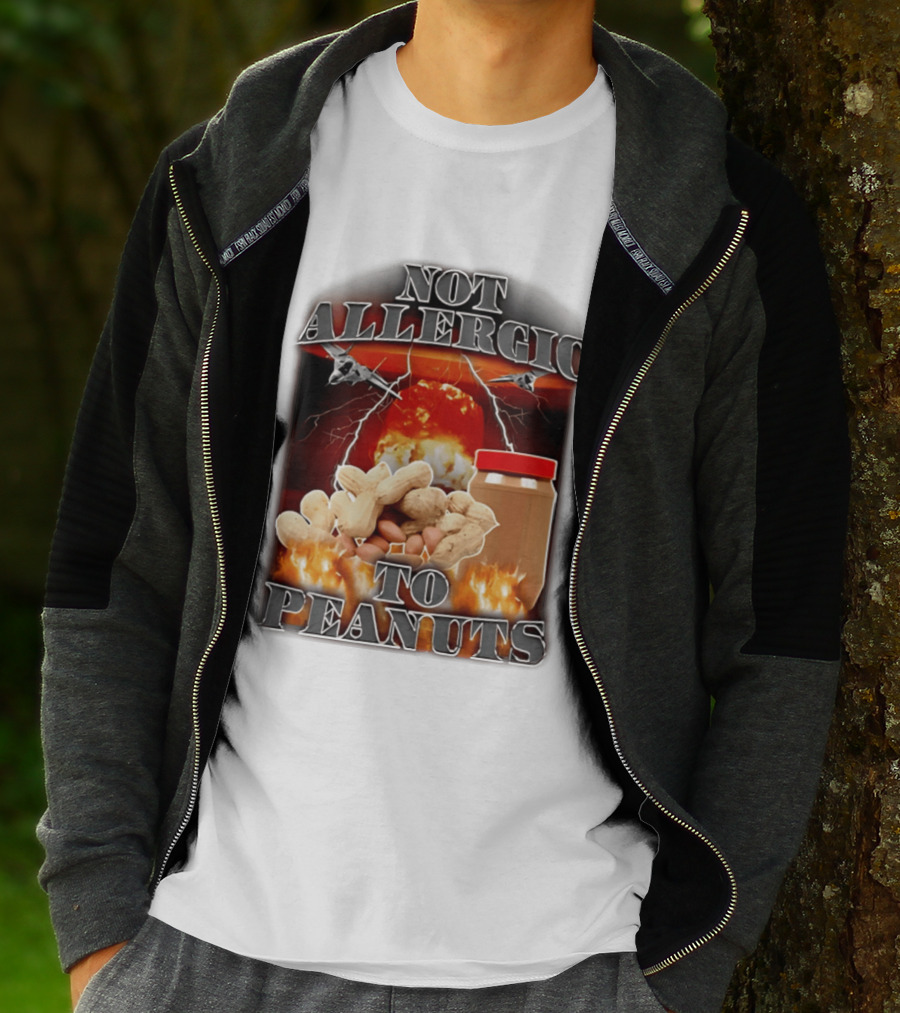 Not Allergic To Peanuts Jar With Explosive Background And Fighter Jets T-Shirt