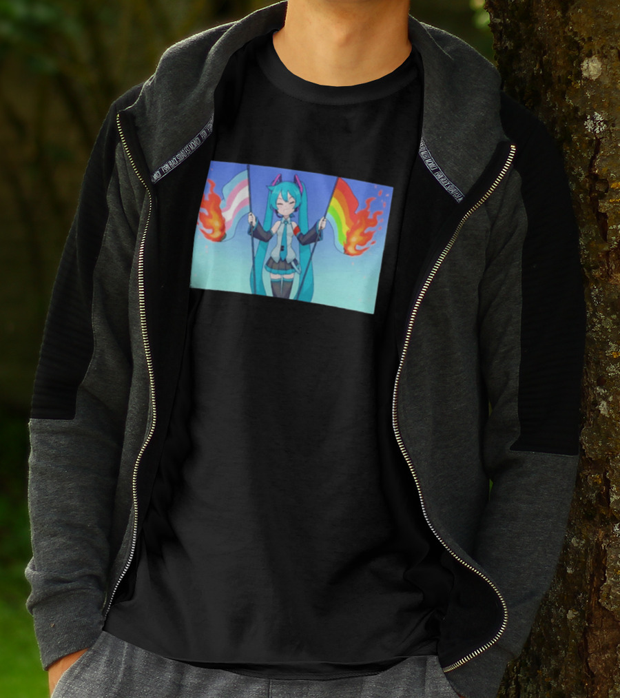 Anime Vocaloid Miku Holding Burning Transgender And Rainbow Flags Controversial Pride Month 2026 T-Shirt