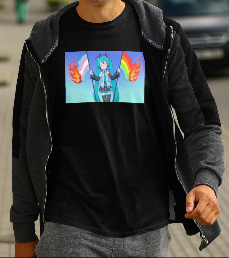 Anime Vocaloid Miku Holding Burning Transgender And Rainbow Flags Controversial Pride Month 2026 T-Shirt