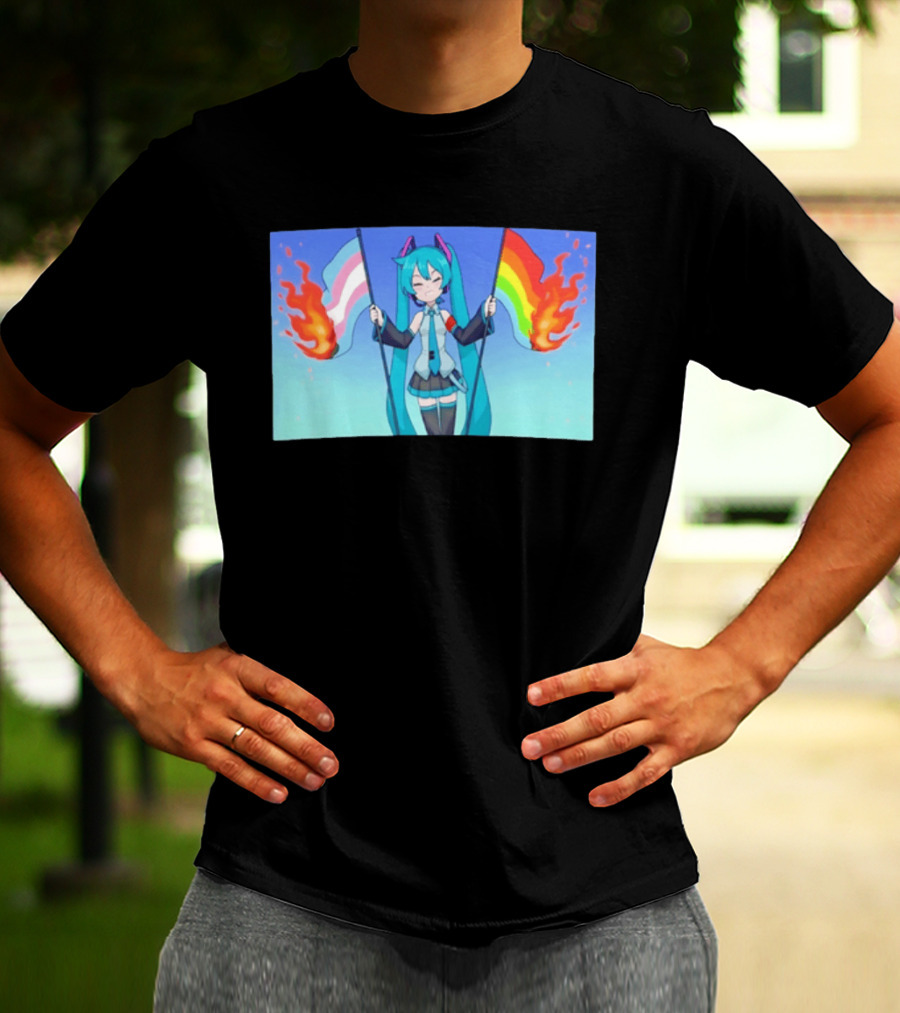 Anime Vocaloid Miku Holding Burning Transgender And Rainbow Flags Controversial Pride Month 2026 T-Shirt