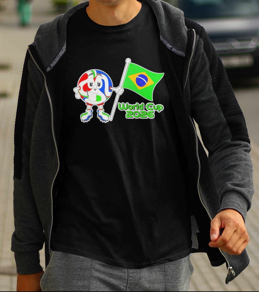 World Cup 2026 Cartoon Character With Brazil Flag Soccer Ball T-Shirt