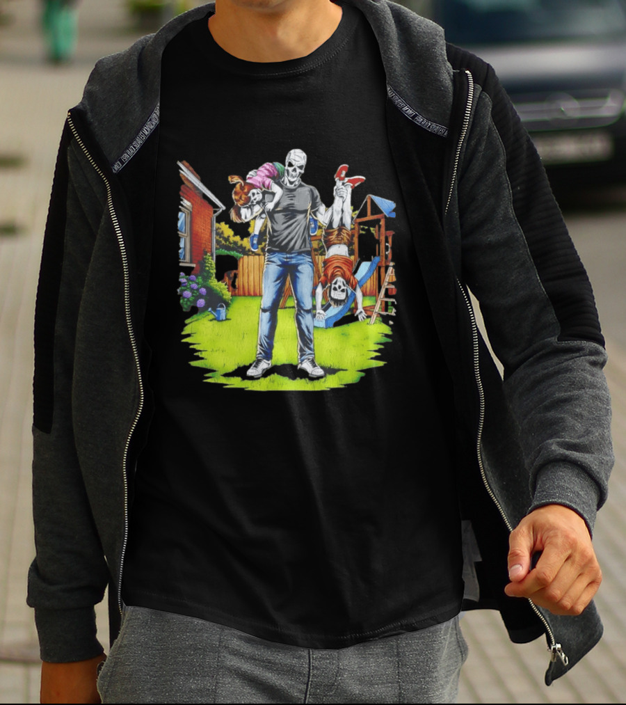 Darkest Dad Skeleton Carrying Children Garden Playground Fun Playtime T-Shirt