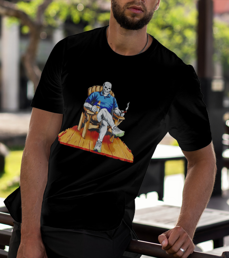 DarthBeards Skull Sitting In A Lawn Chair With Beer And Cigar T-Shirt
